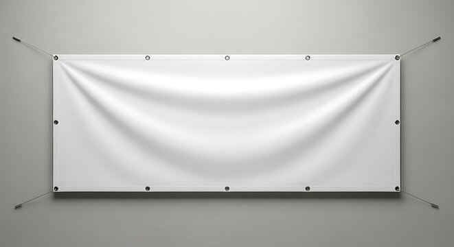 A blank white vinyl banner mockup hangs against a gray wall, ready for your message or design, creating a clean and professional presentation