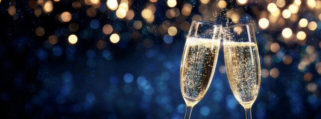 New year's background with champagne glasses clinking, sparkling lights, and a bokeh effect on a dark blue banner.