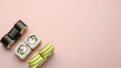 Minimal sushi roll trio placed diagonally, muted blush pink background, Japanese food branding concept, negative space focused composition, ultra-clean look