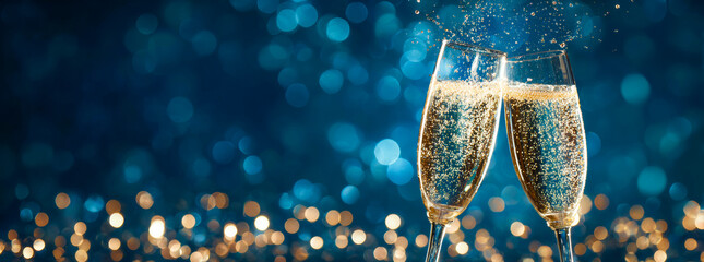 New year's background with champagne glasses clinking, sparkling lights, and a bokeh effect on a dark blue banner.