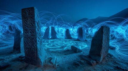 Illuminated ancient stone circle under a starry night sky, with glowing light trails and intricate carvings