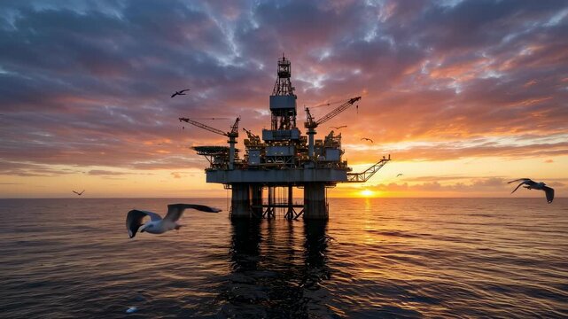 Offshore oil platform at sunset with seagulls circling above ocean waves. Dramatic cloudy sky over energy rig in calm sea. Industrial seascape and marine wildlife scene