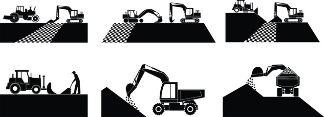 Construction machinery silhouette icon set showing excavators, bulldozers, dump trucks, and compactors in earth-moving and gravel loading operations. © Rayhan