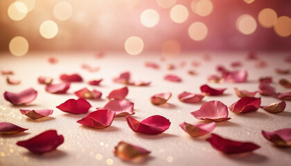 Luxury Pink and Gold Rose Petals with Golden Bokeh Background.