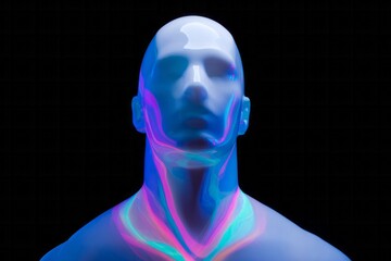 Luminescent male bust portrait illuminated with vibrant neon colors against a dark background