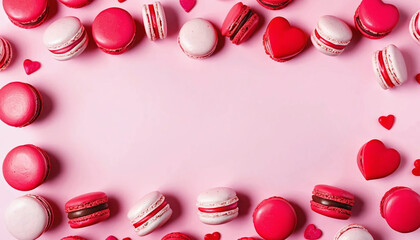 Top view of pink and red macarons with heart shapes on pink background.