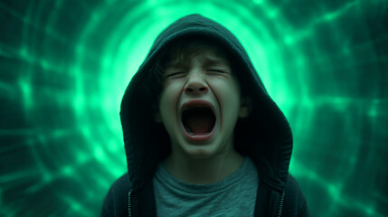 Boy screaming in front of green background hooded jacket