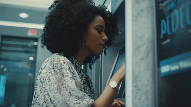 Medium shot of a customer interacting with an integrated remote banking system combining mobile and web interfaces demonstrating synchronized service access.