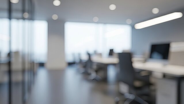 Empty modern office interior with bright natural light and blurred workstations creating a clean corporate background