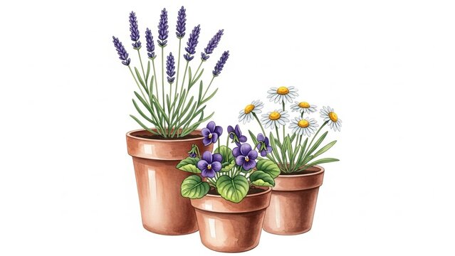 Watercolor illustration of three terracotta potted plants featuring lavender violets and daisies against white