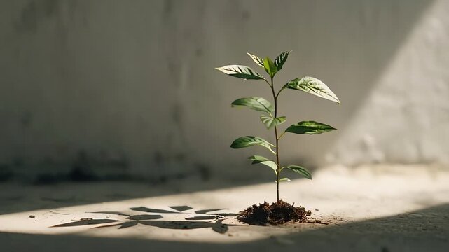 A small green plant with several leaves growing from a patch of soil on a concrete surface, illuminated by sunlight casting shadows.