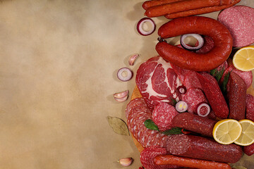 An assortment of various types of sausages, smoked meats, salami, and game sausages with lemon,...