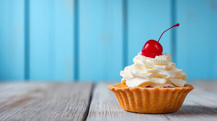 Whipped cream tart with cherry on wooden table dessert