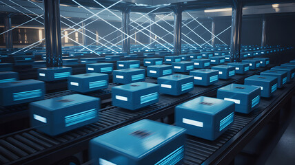 Futuristic factory producing technology boxes on conveyor belts