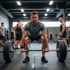 Focused athlete lifts heavy barbell in modern gym, showcasing strength and determination. environment is energetic and motivating