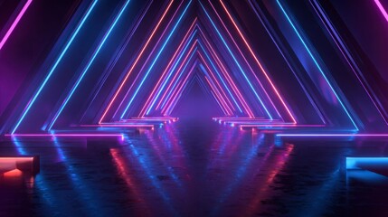 Illuminated futuristic tunnel, neon lighting creating symmetrical triangles, reflecting on a glossy surface, dark ambiance, abstract