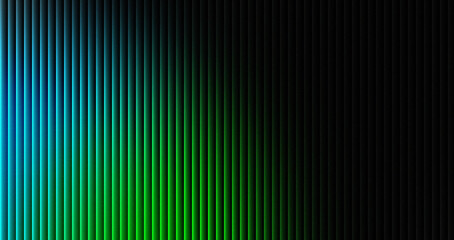 Abstract background featuring vertical ribbed panels illuminated by a vibrant gradient transition from deep blue to bright neon green fading into pure black darkness