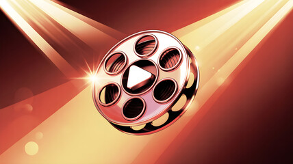 Film reel with play button icon under spotlights