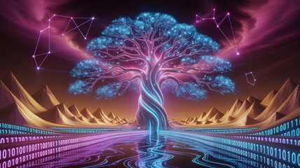 Digital tree of wisdom growing from binary code