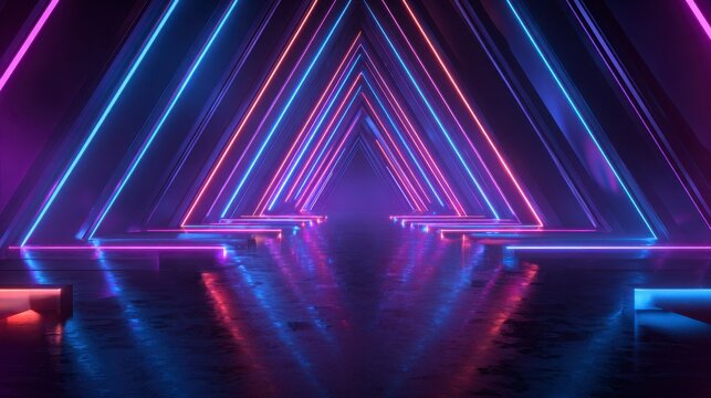 Illuminated futuristic tunnel, neon lighting creating symmetrical triangles, reflecting on a glossy surface, dark ambiance, abstract - Powered by Adobe