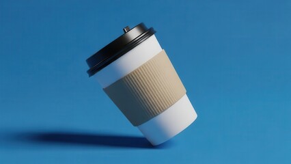 White disposable coffee cup with brown sleeve and black lid on blue background