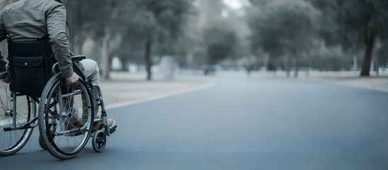 Man in wheelchair moving along paved path in park under cloudy sky  