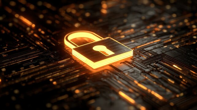 Illuminated gold padlock on a circuit board, symbolizing cybersecurity. Focus on protection within a digital network, lit with orange/yellow lights - Powered by Adobe