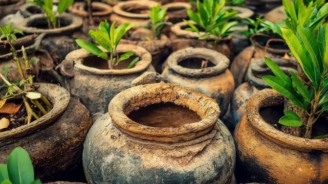 Clay pots holding robust tree seedlings showcase traditional containerized growing methods emphasizing natural material benefits and healthy root development