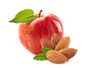  Red apple with almonds with leaves in closeup isolated on white background.