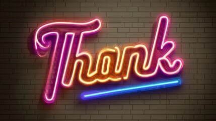 Illuminated neon sign displays the word "Thank" in a stylish, cursive font against a textured, brick background. The light glows