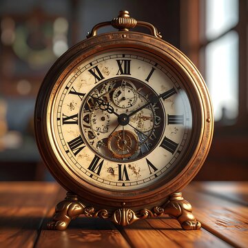 Intricate golden clock sits on wooden table, showing gears. Blurred background. Warm, vintage feel