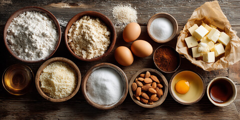 Various baking ingredients prepared in bowls on wooden table  