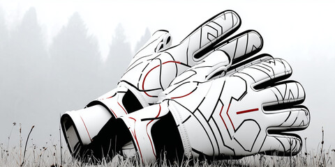 Futuristic white goalkeeper gloves resting on grass in foggy landscape  
