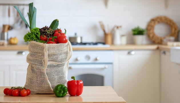 Fresh organic produce in reusable bag on kitchen counter ready for cooking - Powered by Adobe