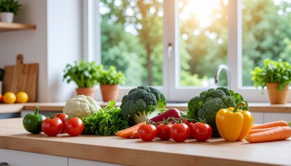 Fresh vibrant vegetables arranged on a bright kitchen counter near a window