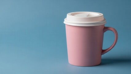 Pink Ceramic Reusable Coffee Cup with White Lid on Blue Background
