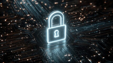 Illuminated padlock icon on a circuit board, symbolizing security and protection in a digital environment. Glowing light outlines the lock, centered on the tech surface