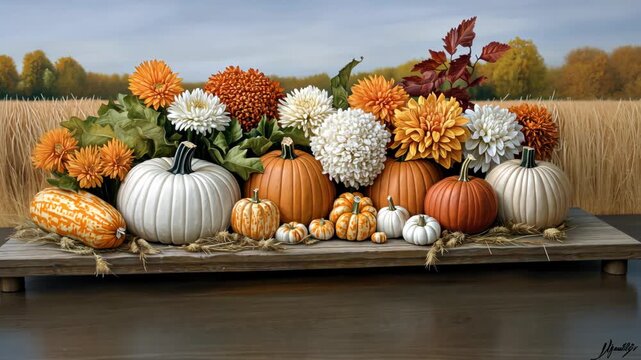 Beautiful arrangement of pumpkins, flowers, and autumn leaves showcasing vibrant fall colors on a rustic wooden table
