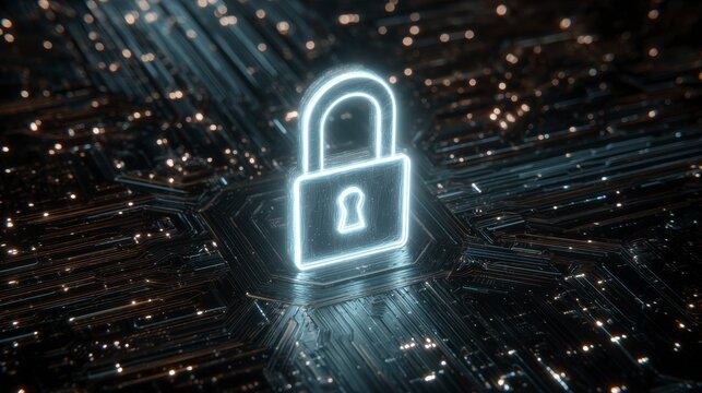 Illuminated padlock icon on a circuit board, symbolizing security and protection in a digital environment.  Glowing light outlines the lock, centered on the tech surface - Powered by Adobe