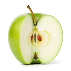 Green apple cut in half isolated on white background with seeds visible inside