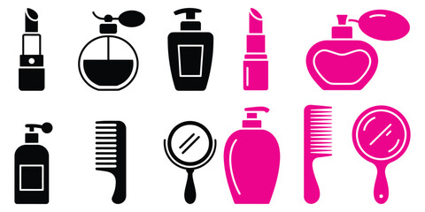 Cosmetic bottles and makeup icons set