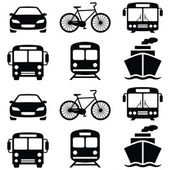 transportation icons set with cars trucks buses trains planes and vehicles
