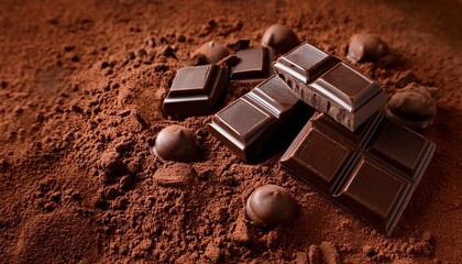 indulgent dark chocolate bars and pieces scattered on rich cocoa powder a tempting treat for any occasion