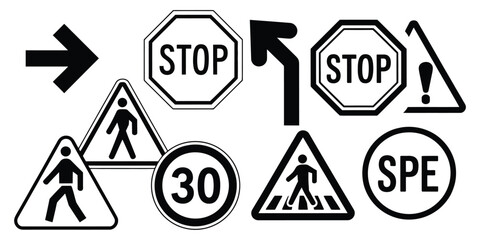 Set of road and warning signs vector illustration