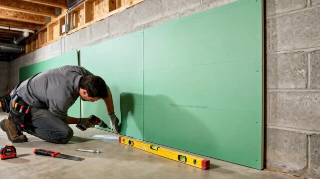 Medium shot of a construction worker installing moistureresistant drywall in a basement focusing on dampproof green board panels and tools used.