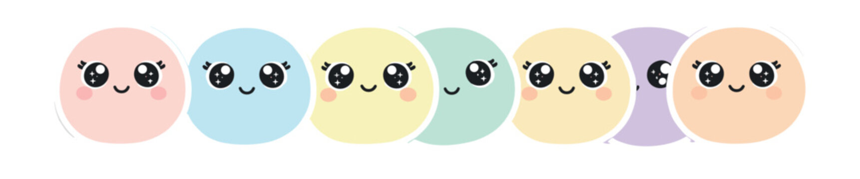 Set of cute kawaii cartoon faces with big sparkling eyes and happy smiles in a horizontal row, featuring a variety of soft pastel colors in a charming and cheerful illustration