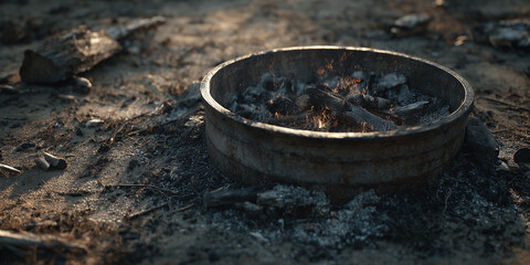 Campfire pit with glowing embers on sandy ground in the evening  
