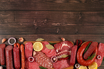 Selection of various smoked and dry-cured sausages, sliced salami, and spices on a kitchen counter. Advertising and menu for a store, banner for a cafe or restaurant. Delicious holiday appetizers,