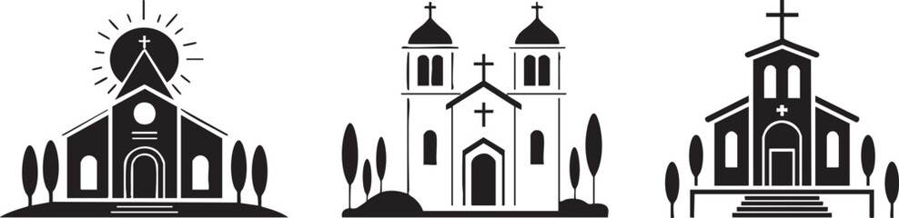 Three different church buildings silhouette Vector, illustration