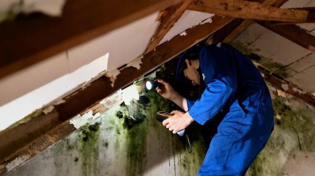 Technician inspecting mold growth on underside of a triangular roof evaluating moisture impact and decay risks.